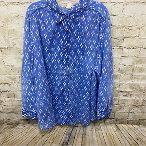 Roamans Blue White Printed Long Sleeve Button Up